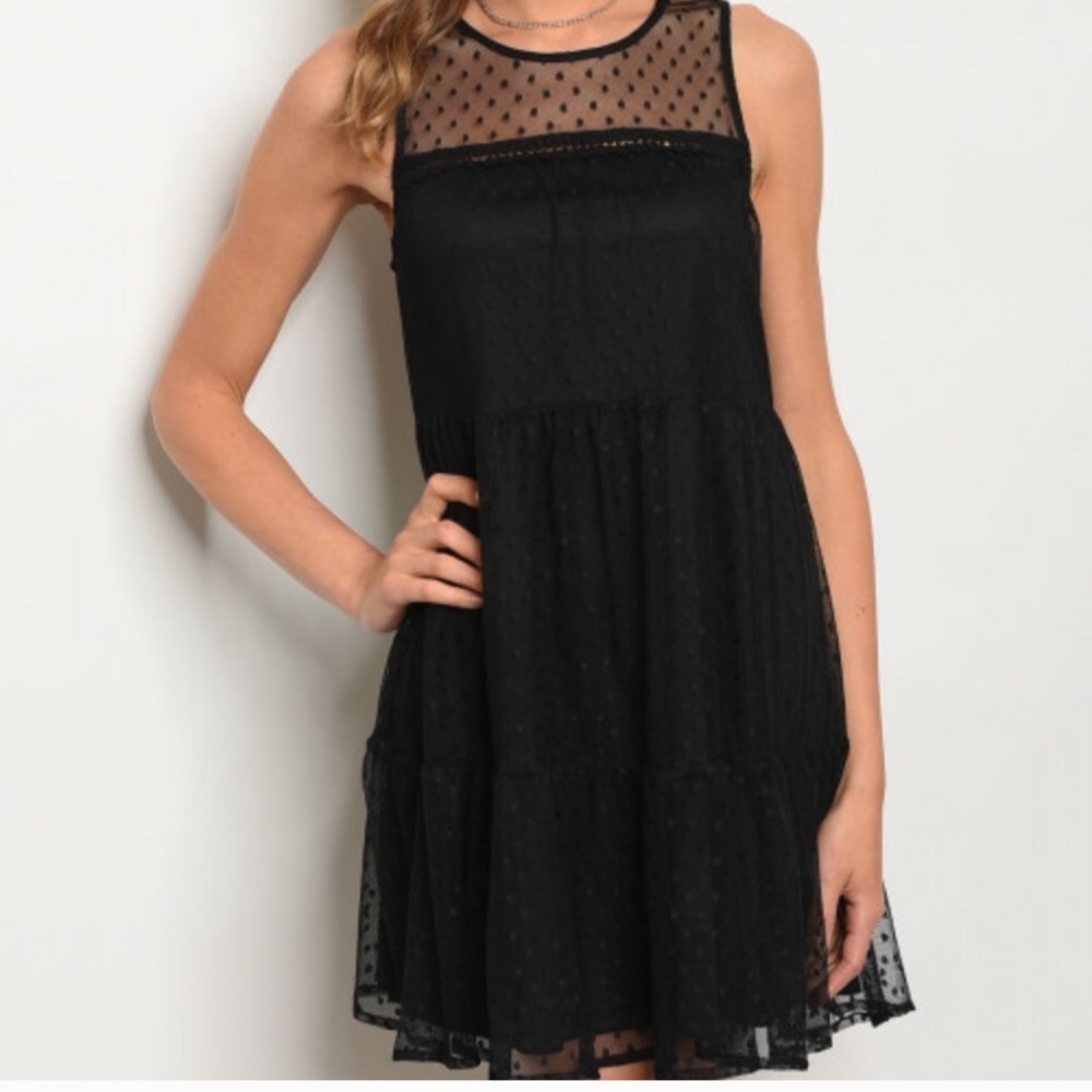 Black Round Neck Multi Tier Tulle Mesh Dress